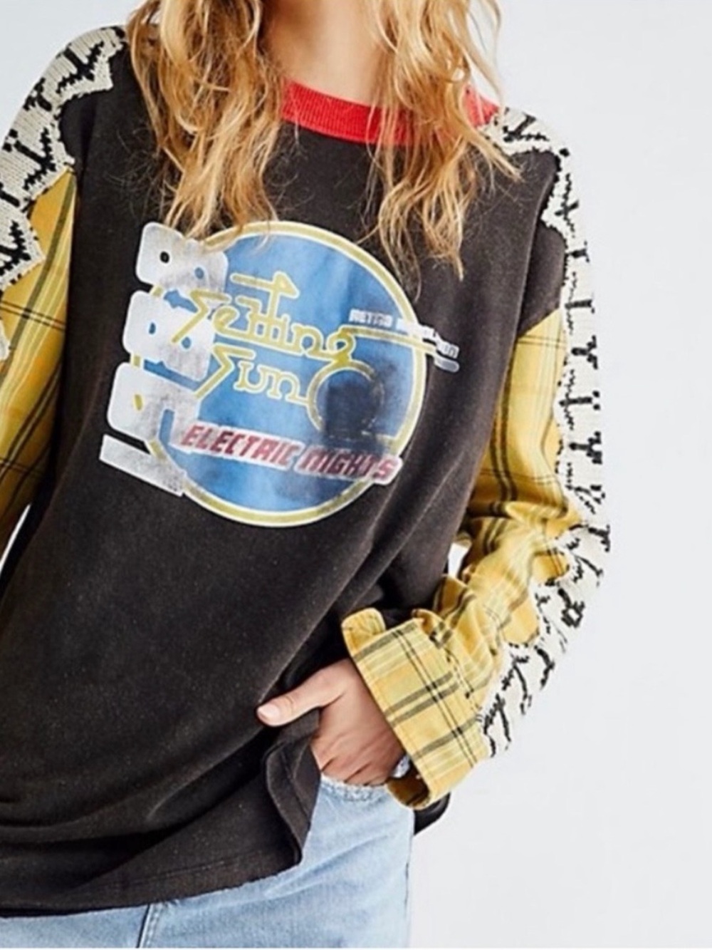 Free People Cody Swit Graphic Patchwork Oversized Top Women Large Reworked RARE